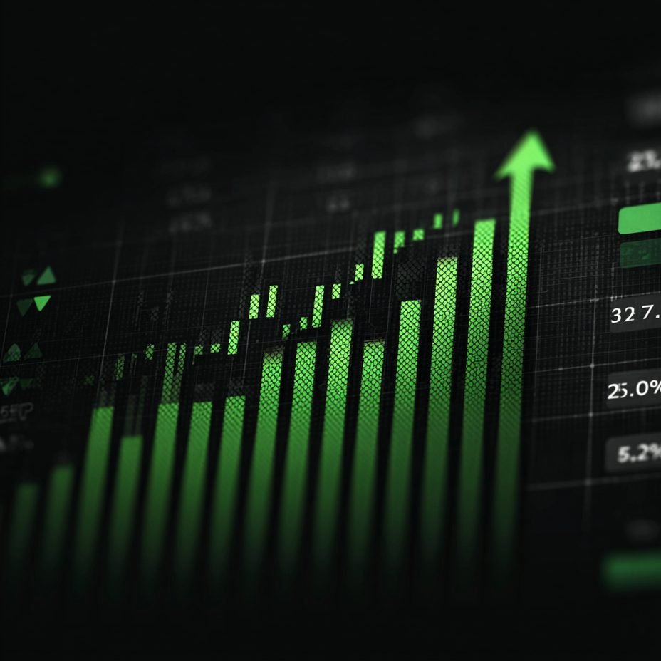 Green stock-market candlestick bars arcing upward