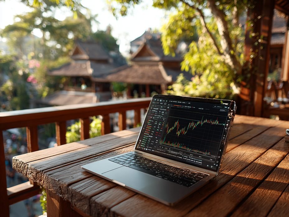 Laptop showing a stock chart on a wooden table on a sunlit tropical terrace